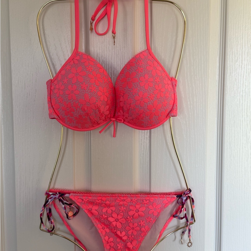 Pink Lace Overlay Push-Up Bikini Set